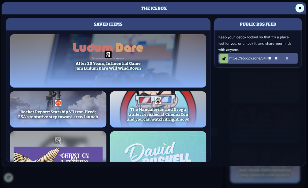 a screenshot of the icebox feature of scoopy.zone