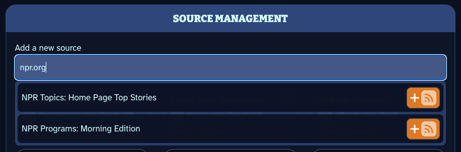 a screenshot of Scoopy's settings section showing the source finder finding sources on npr.org
